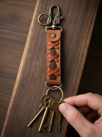 Rustic Cross-Laced Leather Keychain with Antique Hook