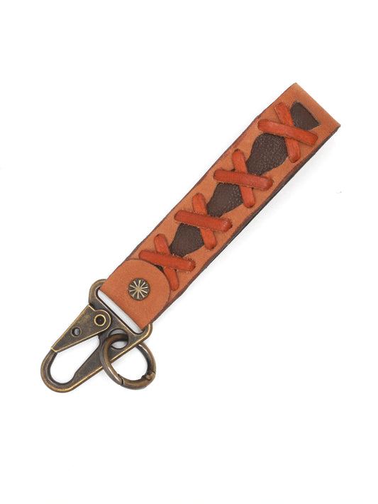 Rustic Cross-Laced Leather Keychain with Antique Hook