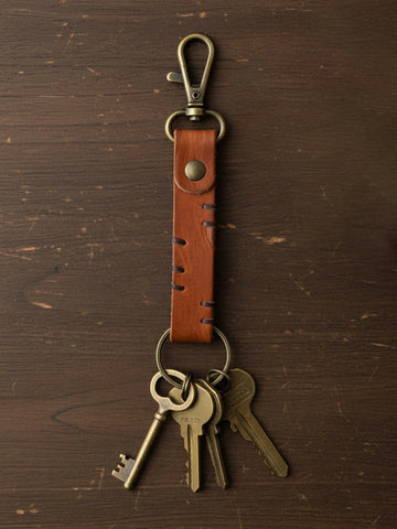 Artisan Tan Leather Keychain with Hand-Stitched Cutwork Design