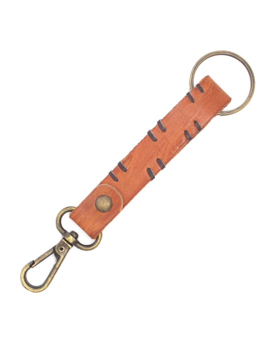 Artisan Tan Leather Keychain with Hand-Stitched Cutwork Design