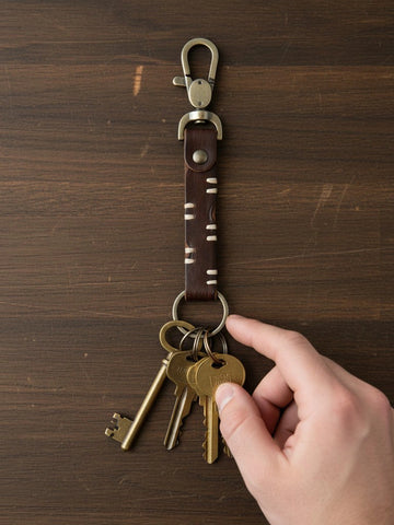 Rustic Brown Leather Keychain with Hand-Stitched Detail