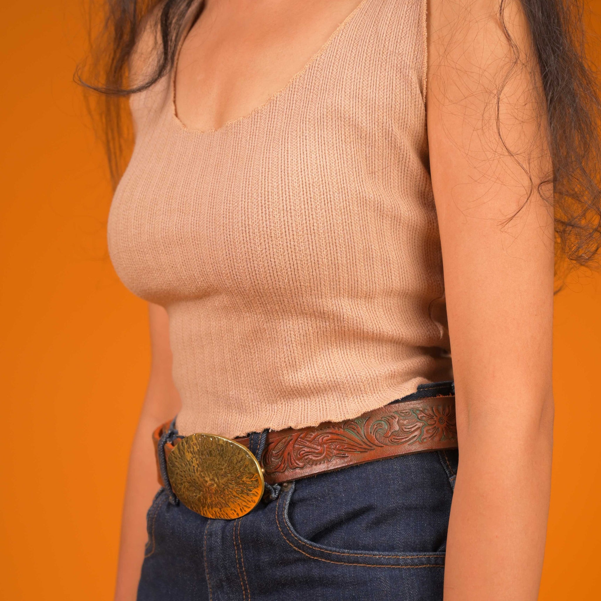 Patina Bloom Leather Waist Belt in Tan by Art N Vintage