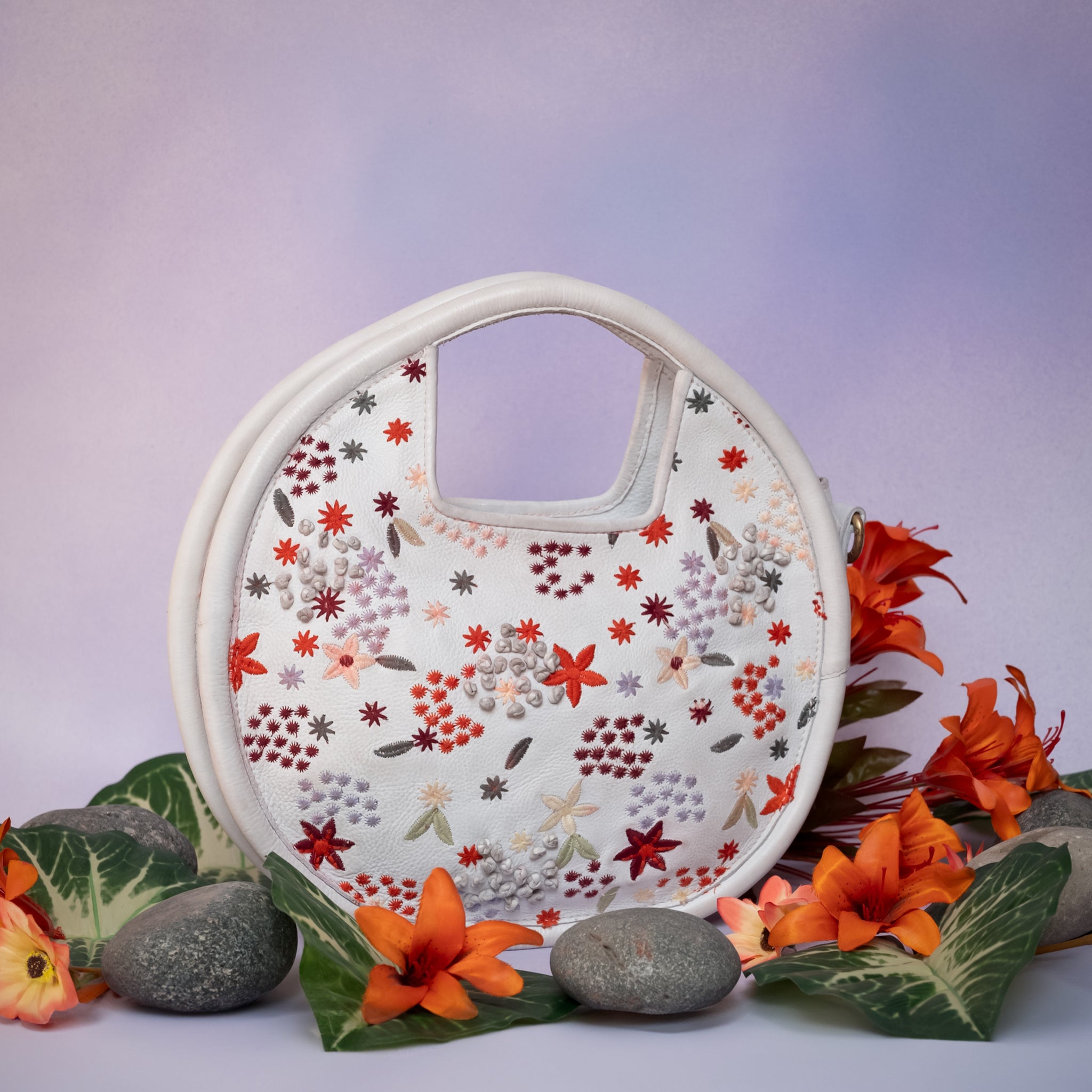 Floral Bliss: Round White Leather Handbag with Colorful Flower Embroidery