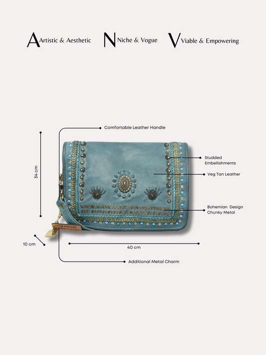 Savio: Embellished Blue Crossbody Flap Bag In Veg Tan Leather
