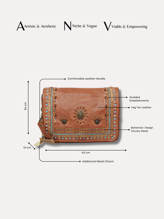 Savio: Embellished Crossbody Flap Bag In Veg Tan Leather