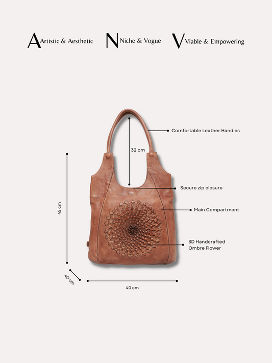 Glory: Top Handle Cognac Tote With 3D Ombre Flower