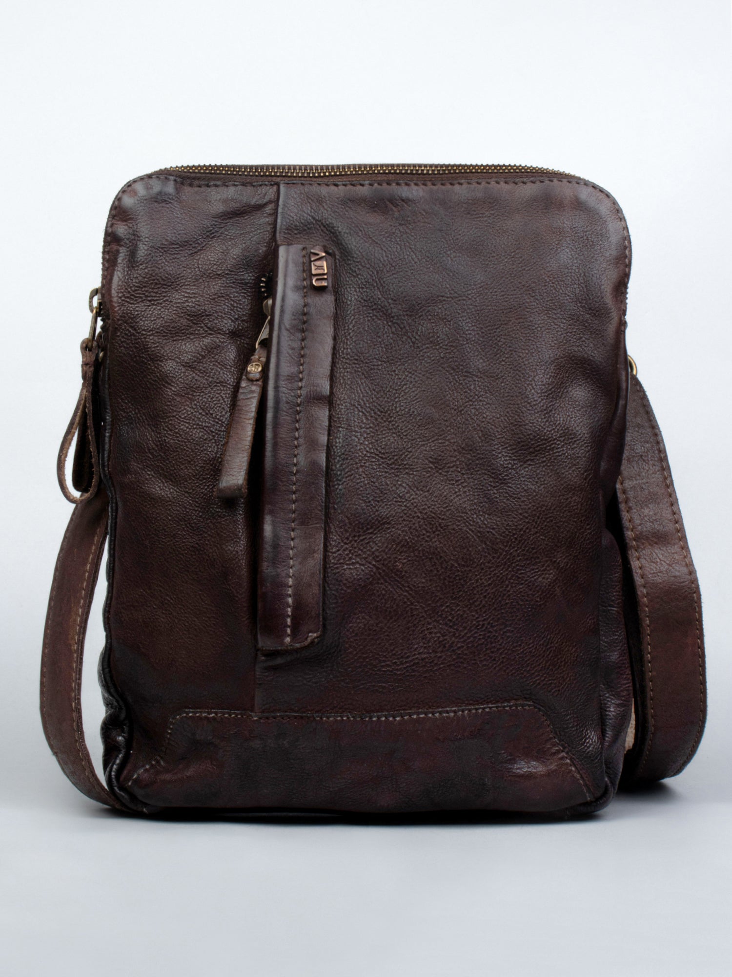 Brown Leather Washed Look Crossbody Bag