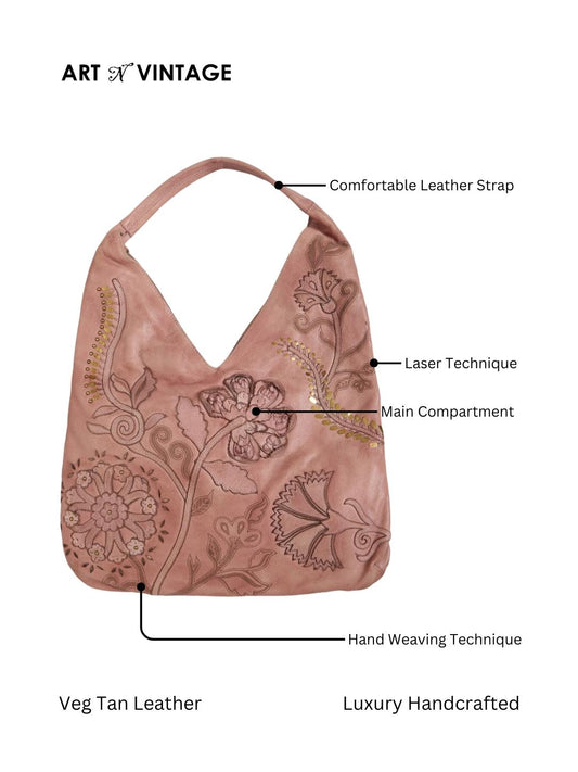 Blush Genuine Leather Boho Bag With Flower Patchwork