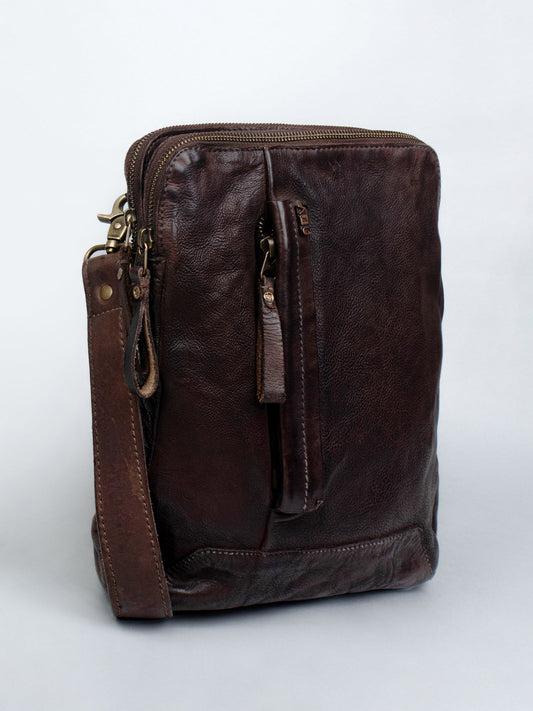 Brown Leather Washed Look Crossbody Bag