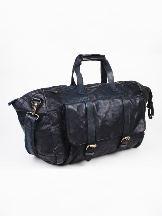 Ethan: Navy Weekender Bag In Washed Leather For Travel