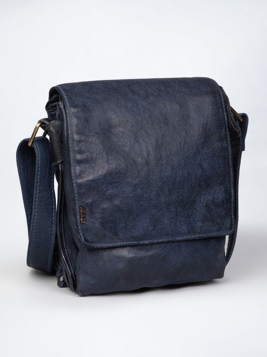 Henry: Navy Flap Bag Cross Body In Veg Tan Leather