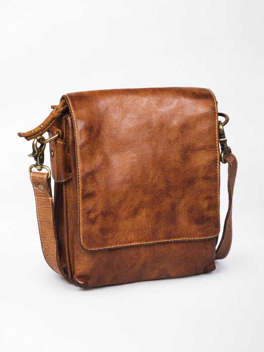 Henry: Cognac Flap Bag Cross Body In Veg Tan Leather