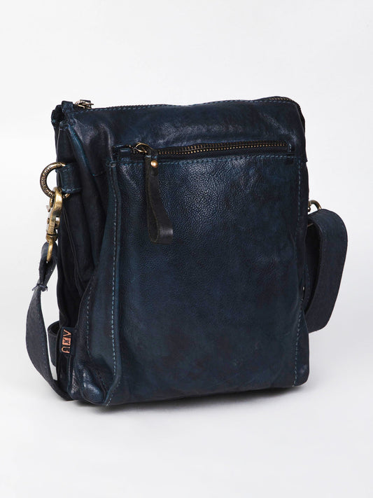 Navy Blue Washed Veg Tan Leather Multiple Compartment Crossbody