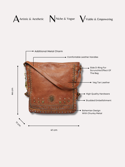 Savio: Cognac Embellished Hobo Bag In Veg Tan Leather