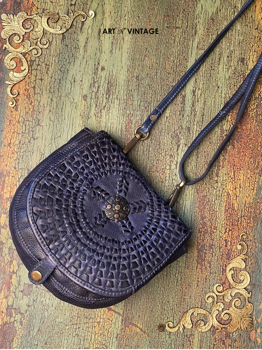 Onyx: Navy Blue Leather Mandala Square Cross Body