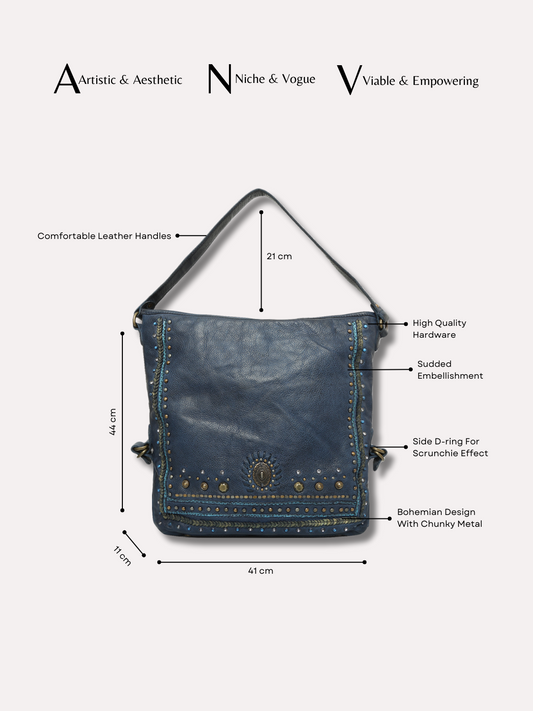 Savio: Navy Blue Embellished Hobo Bag In Veg Tan Leather