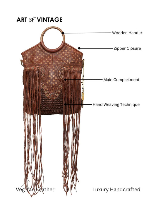 Martinka: Cognac Leather Shopper With Wooden Handle With Weaving, Fringes And Metallic Print