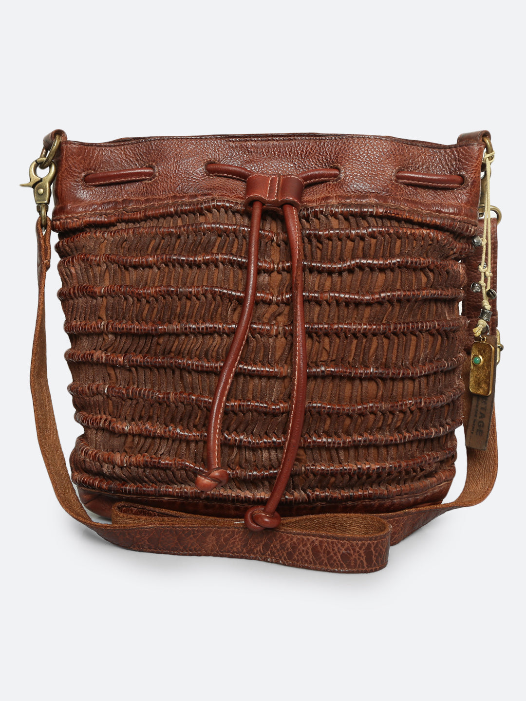 Meidl: Cognac leather macrame weaving bucket drawstring bag by Art N ...