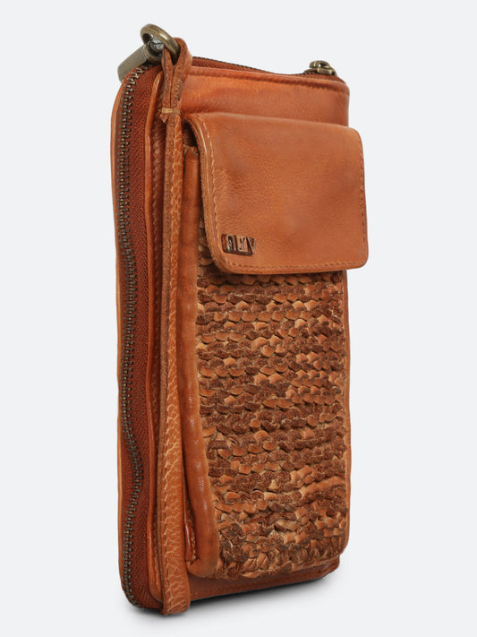 Martinka: Hand Knitted Leather Tan Phone Wallet Sling