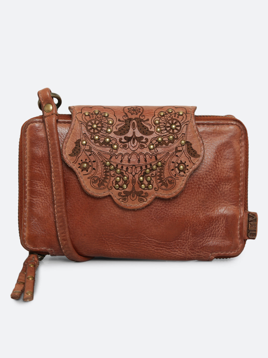 Carob: Leather Floral Motif Wallet Cum Clutch