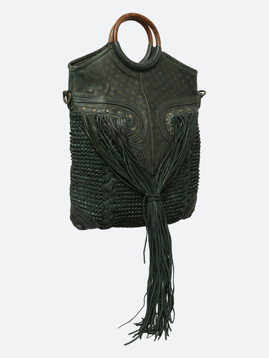 Martinka: Olive Leather Shopper With Wooden Handle With Weaving, Fringes And Metallic Print