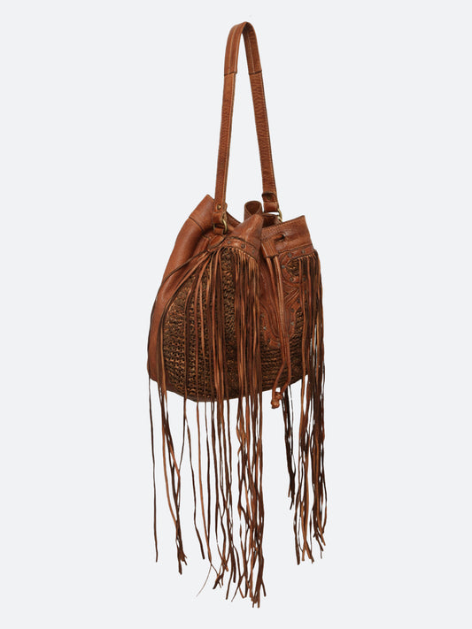 Genuine Cognac Leather Bucket Bag