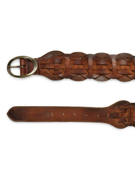 Genuine Cognac Leather Interlinked Weave Belt By Art N Vintage