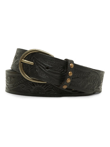Black Hand-tooled Design Leather Belt