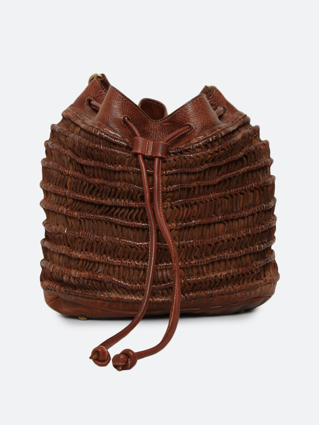 Meidl: Cognac Leather Macrame Weaving Bucket Drawstring Bag