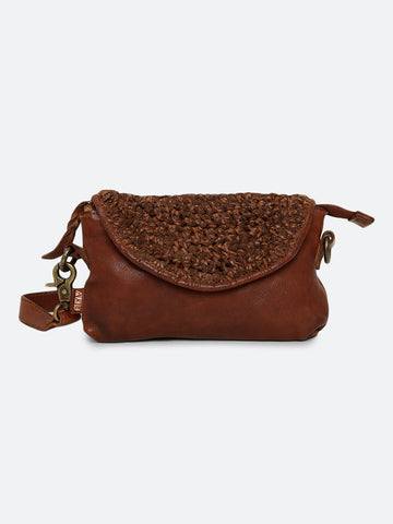 Cognac Leather Sling Bag With Weaving