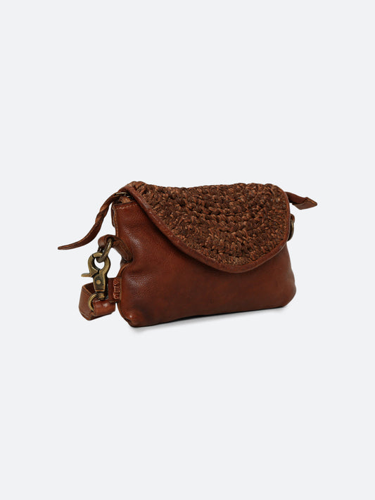 Cognac Leather Sling Bag With Weaving