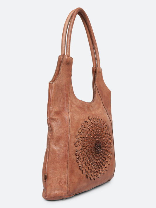 Glory: Top Handle Cognac Tote With 3D Ombre Flower
