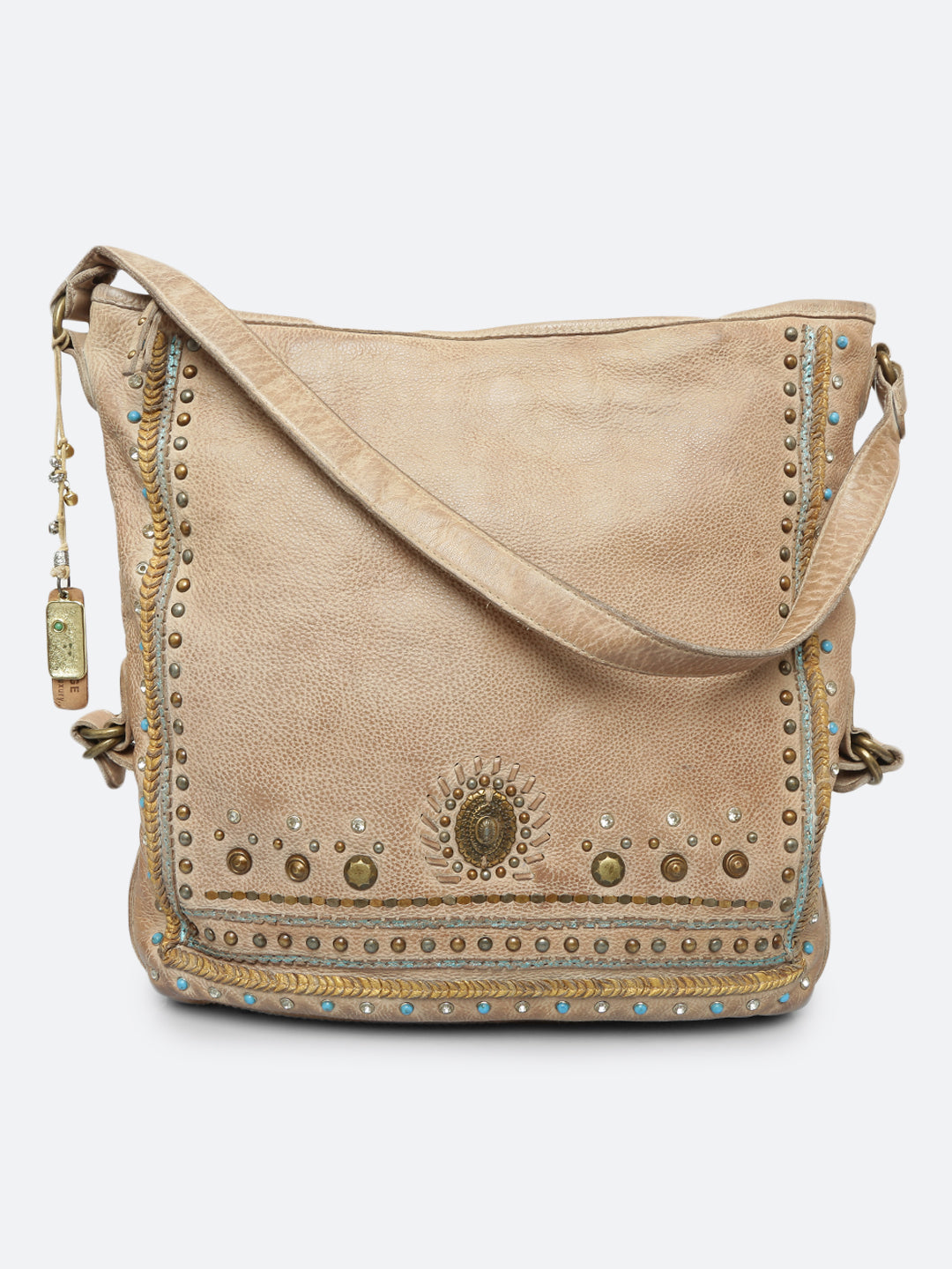 Savio: Cream Embellished Hobo Bag In Veg Tan Leather