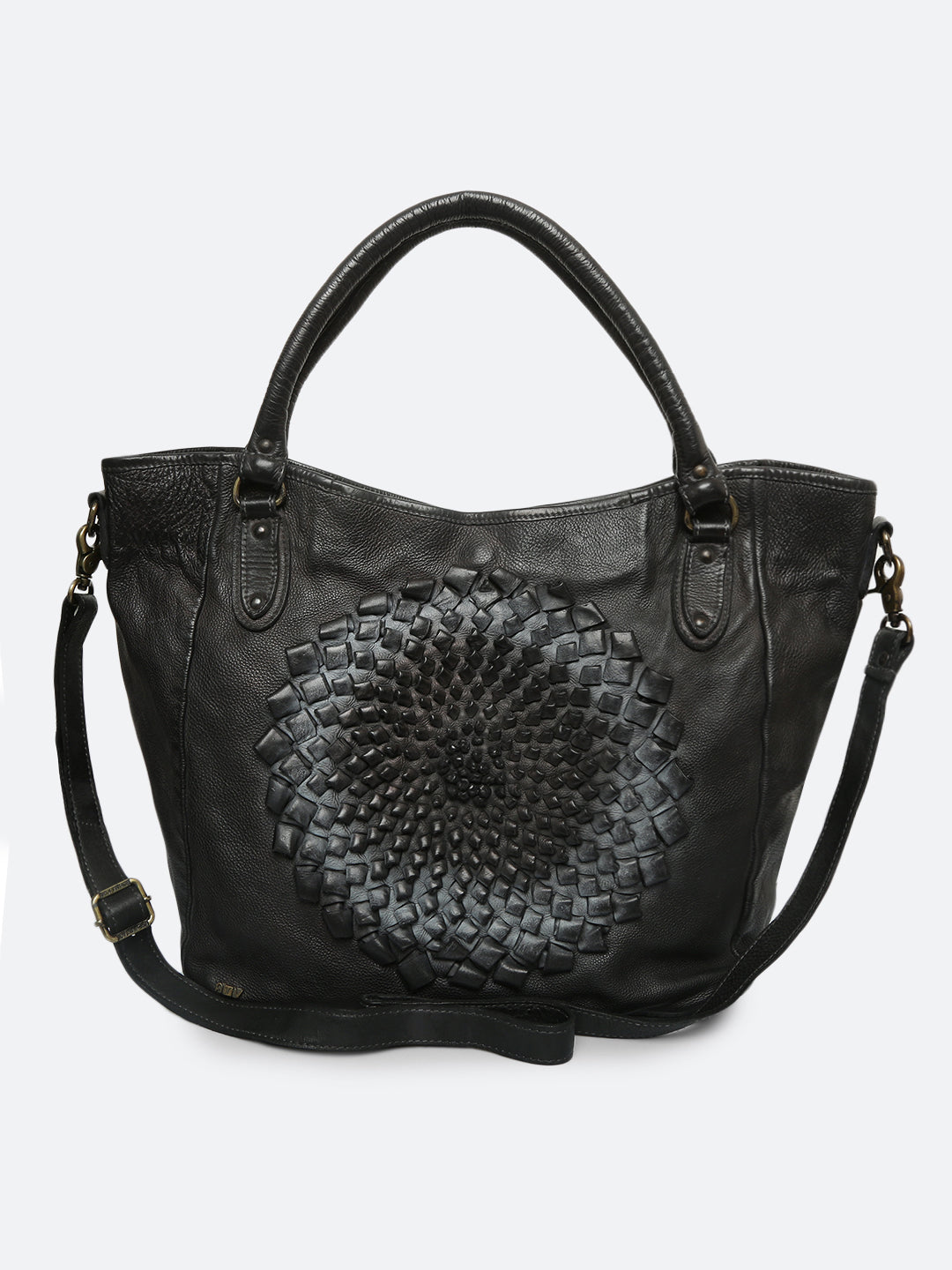 Genuine Black Leather Tote Bag With 3D Flower