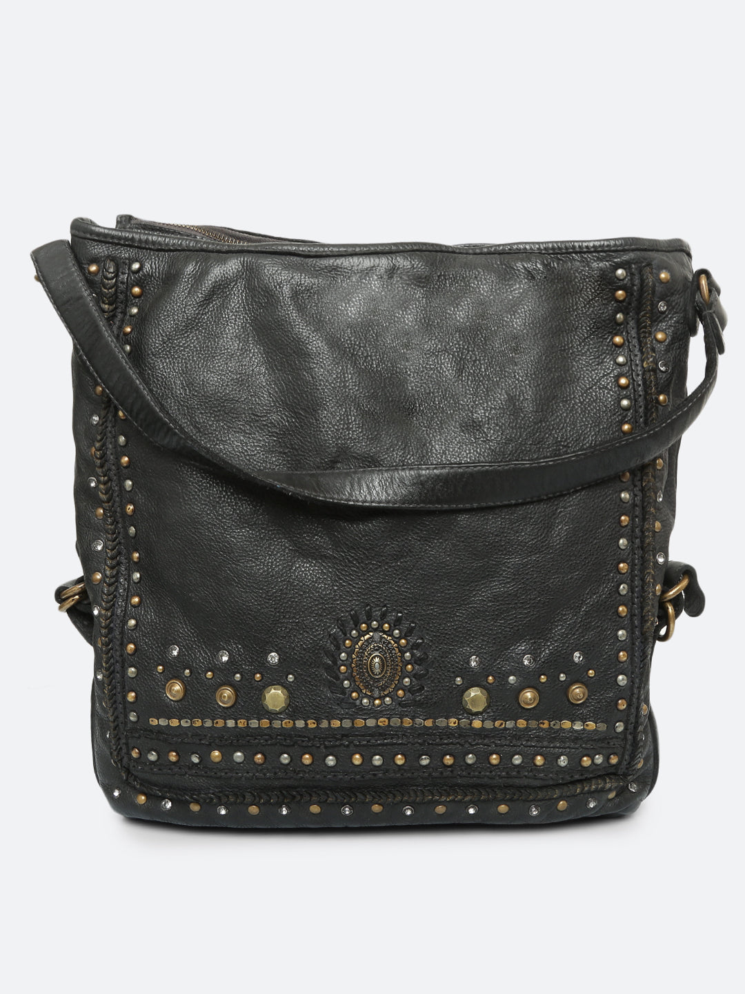 Savio: Black Embellished Hobo Bag In Veg Tan Leather