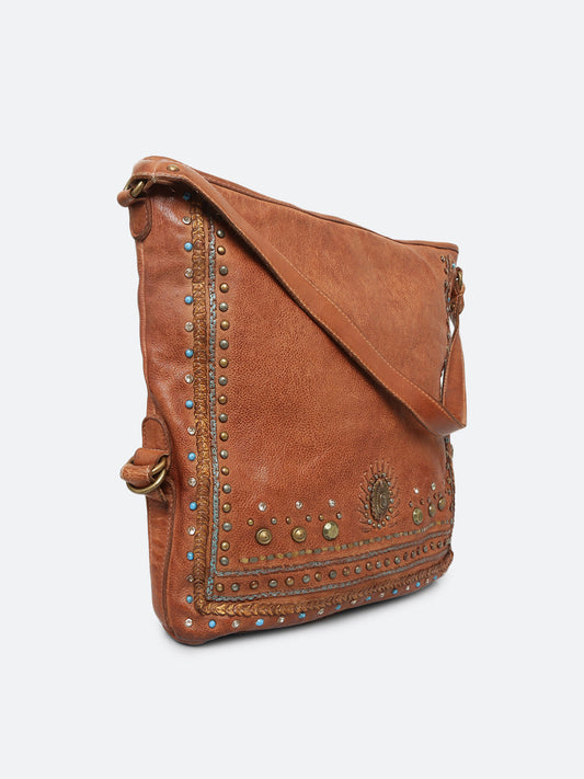 Savio: Cognac Embellished Hobo Bag In Veg Tan Leather