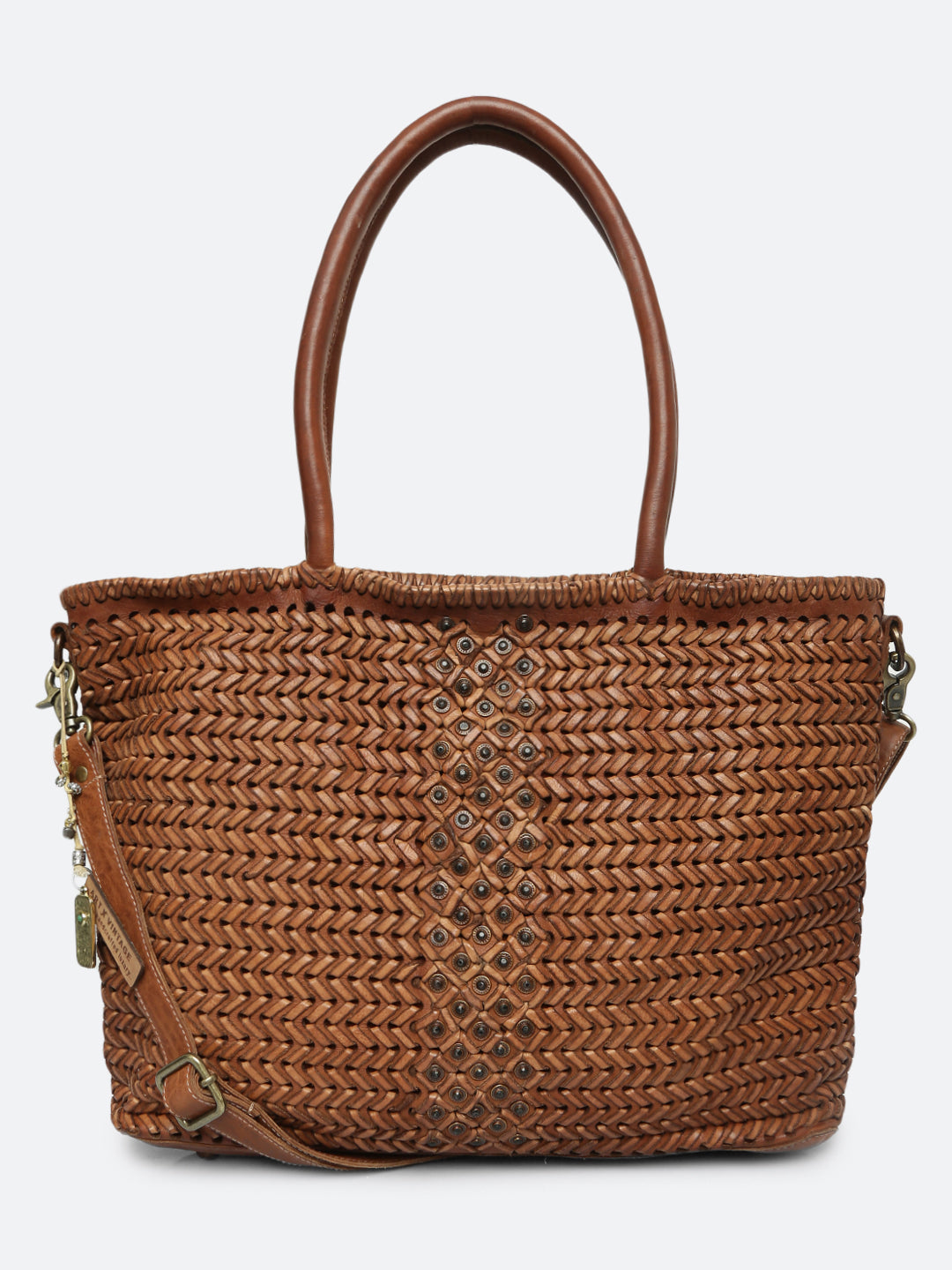 Genuine Cognac Leather Hand Weaving Tote Bag