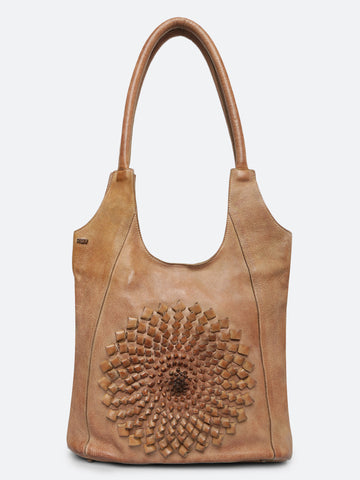 Glory: Top Handle Tan Tote With 3D Ombre Flower