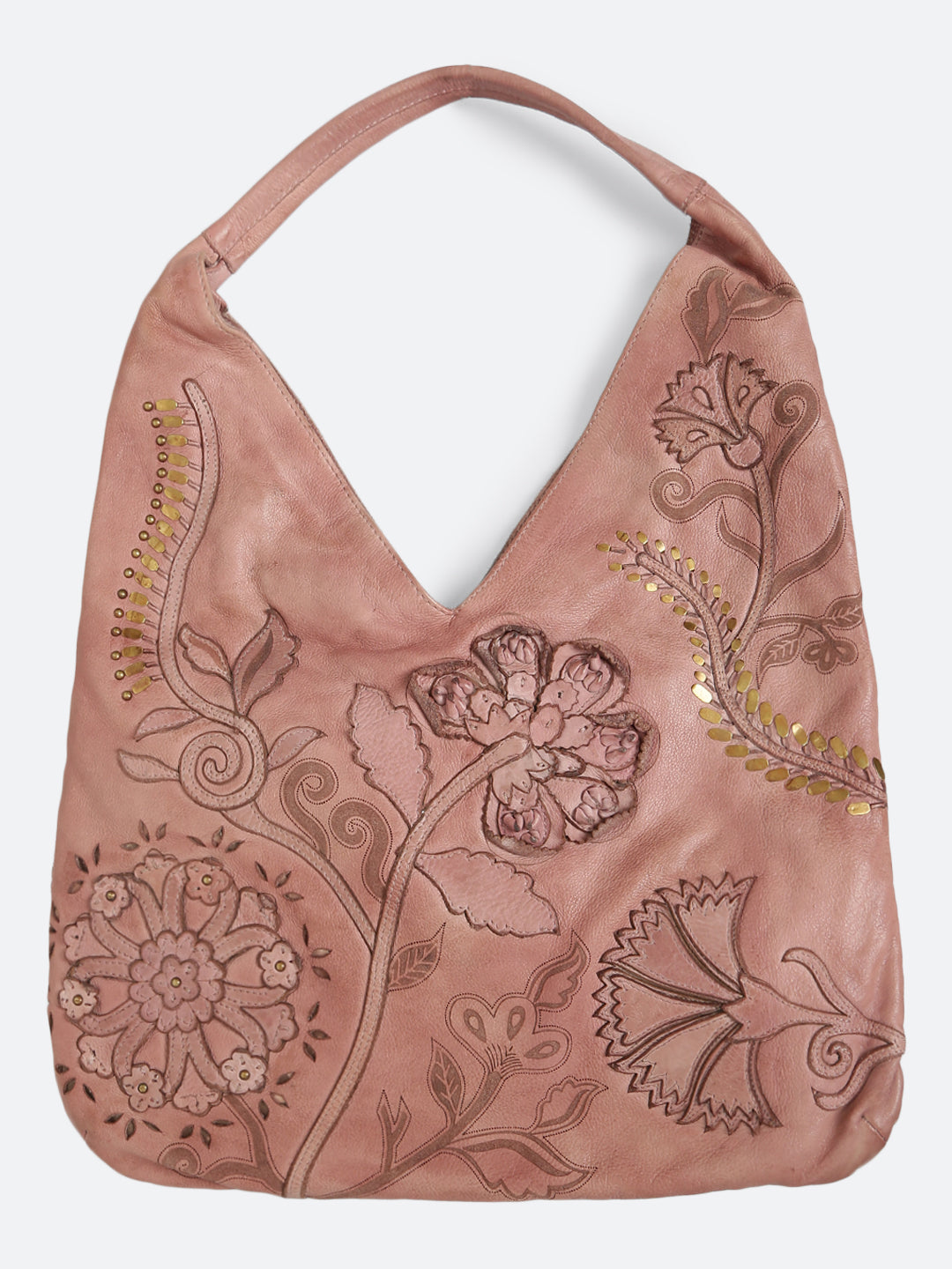 Blush Genuine Leather Boho Bag With Flower Patchwork