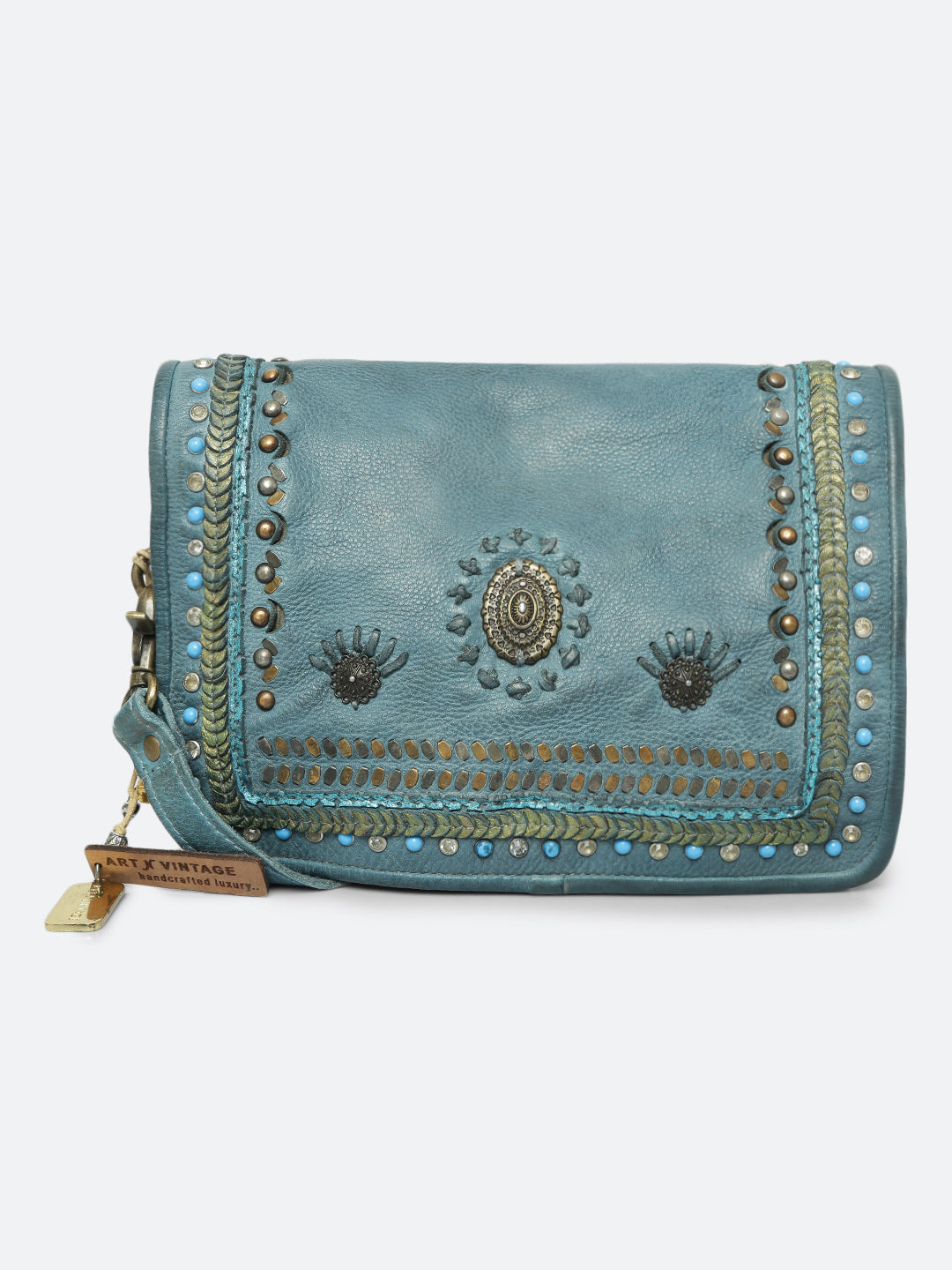 Savio: Embellished Blue Crossbody Flap Bag In Veg Tan Leather