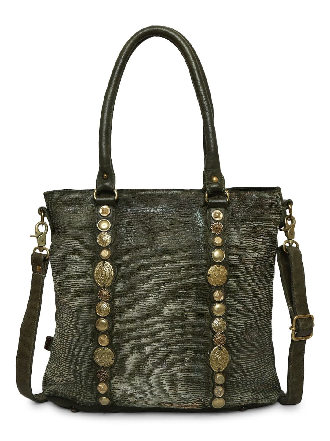 Silvia: Metallic Effect Razor With Golden Concho Leather Tote Handbag.
