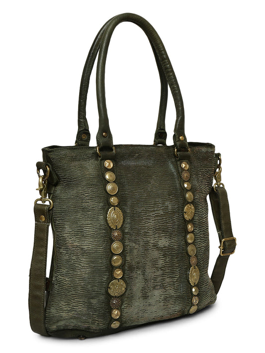 Silvia: Metallic Effect Razor With Golden Concho Leather Tote Handbag.