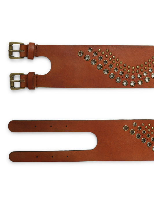 Tan Studded Genuine Leather Belt For Women By Art N Vintage