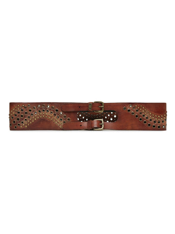 Cognac Studded Genuine Leather Belt For Women