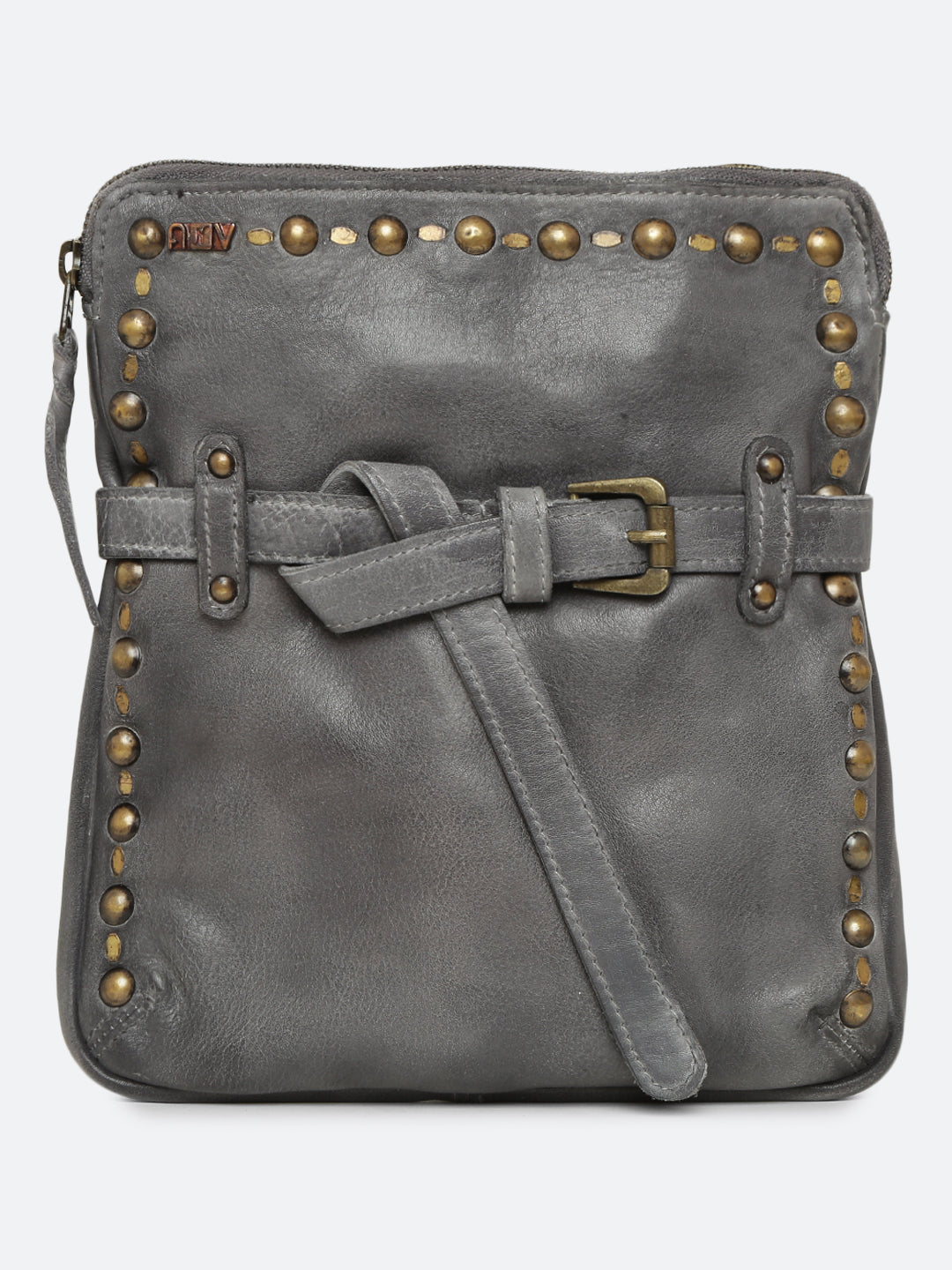 Ivory: Grey Leather Studded Buckled Cross Body