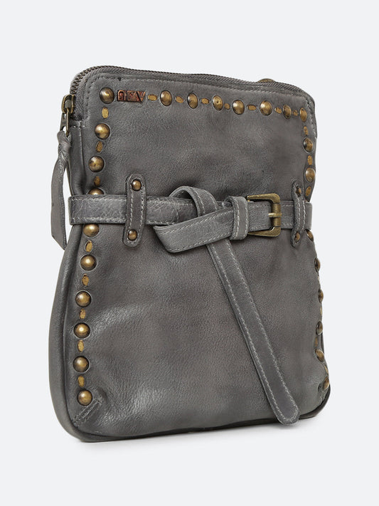 Ivory: Grey Leather Studded Buckled Cross Body