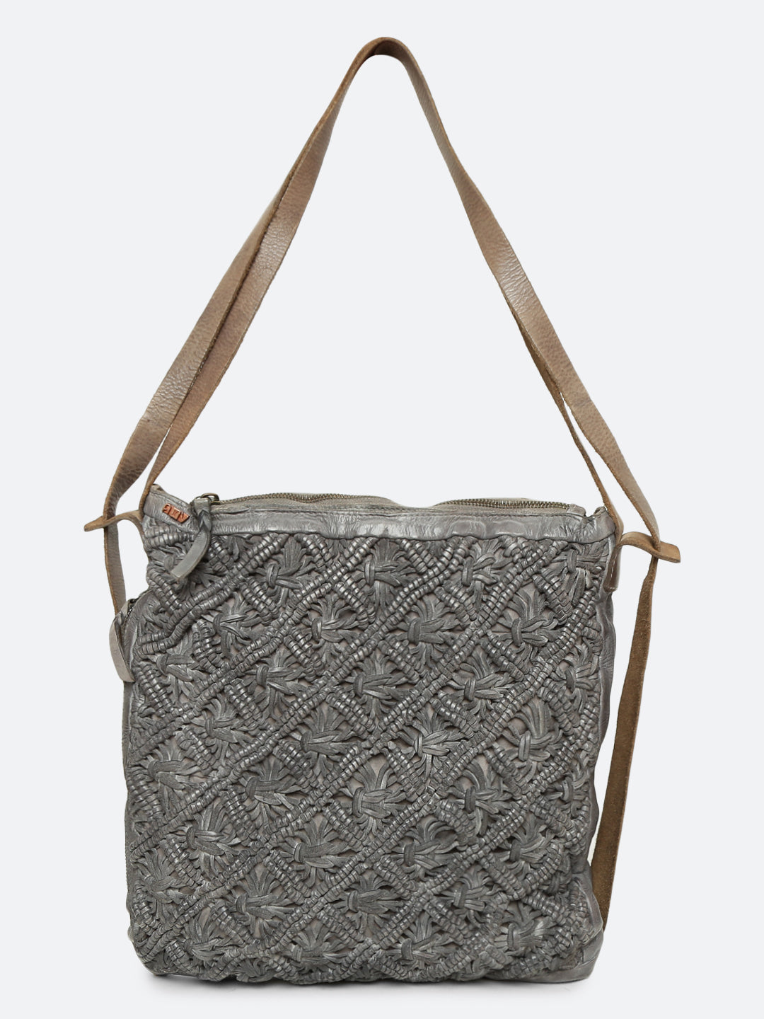 Mauch: Grey Leather Shopper Cum Backpack With Macrame Weaving