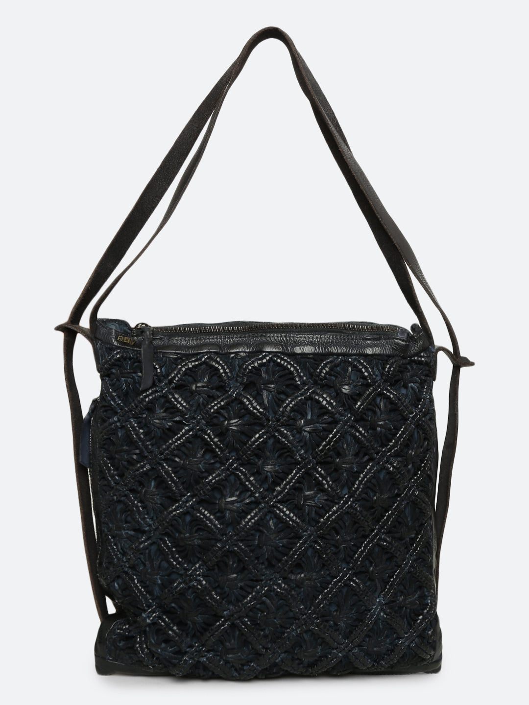 Mauch: Navy Blue Leather Shopper Cum Backpack With Macrame Weaving
