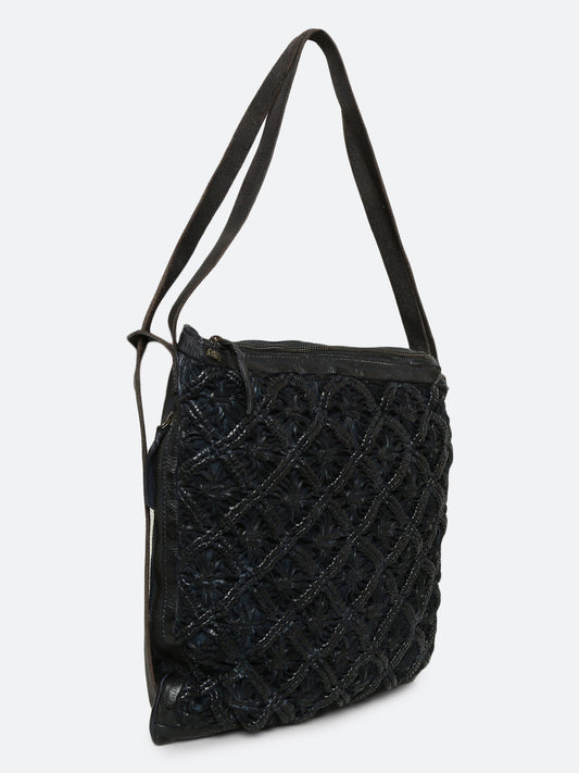 Mauch: Navy Blue Leather Shopper Cum Backpack With Macrame Weaving