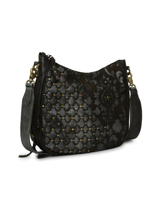 Luminosa: Metallic Effect With Flower Design Leather Crossbody Bag